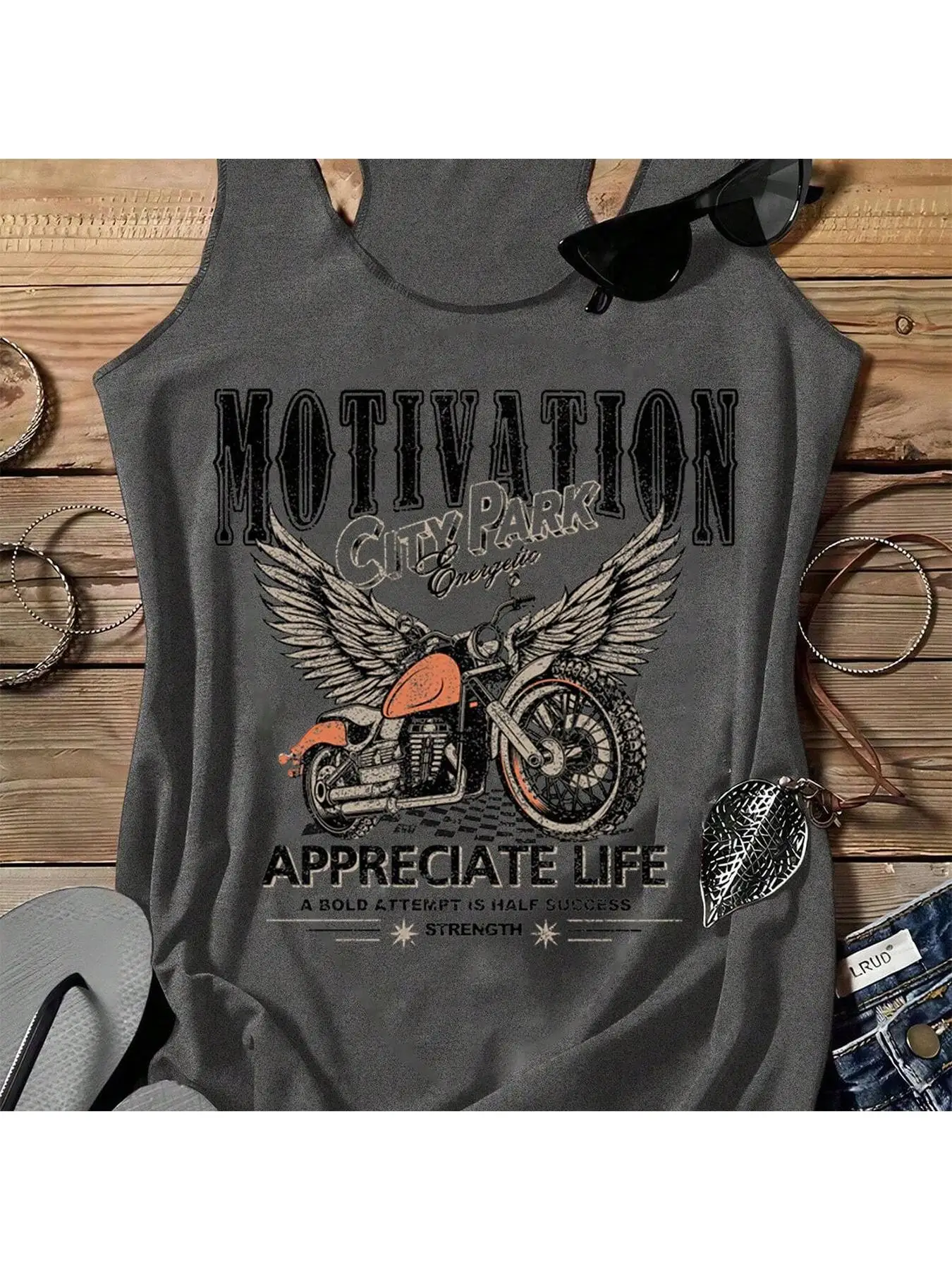 Ladies' Vintage Wing Motorcycle Letter Print I-Back Vest Casual Sleeveless Top