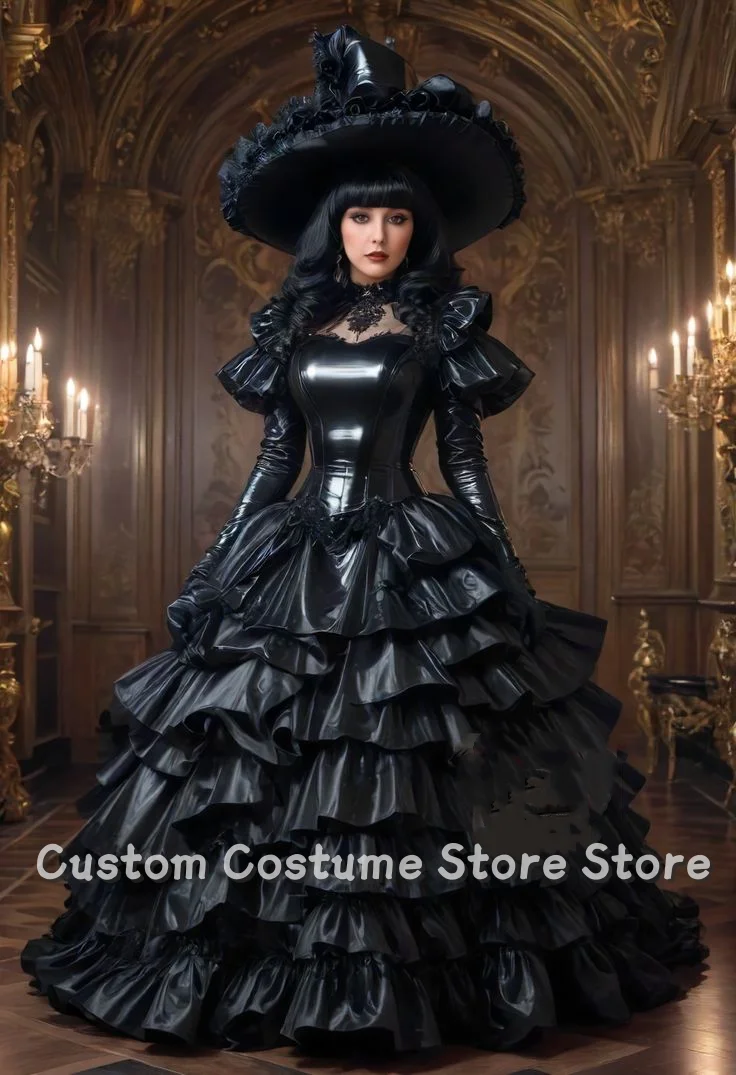 

Customized Victorian Ball Gown Black Gothic Long Sleeve Ruffled Corset Layered Floor-Length Evening Dress