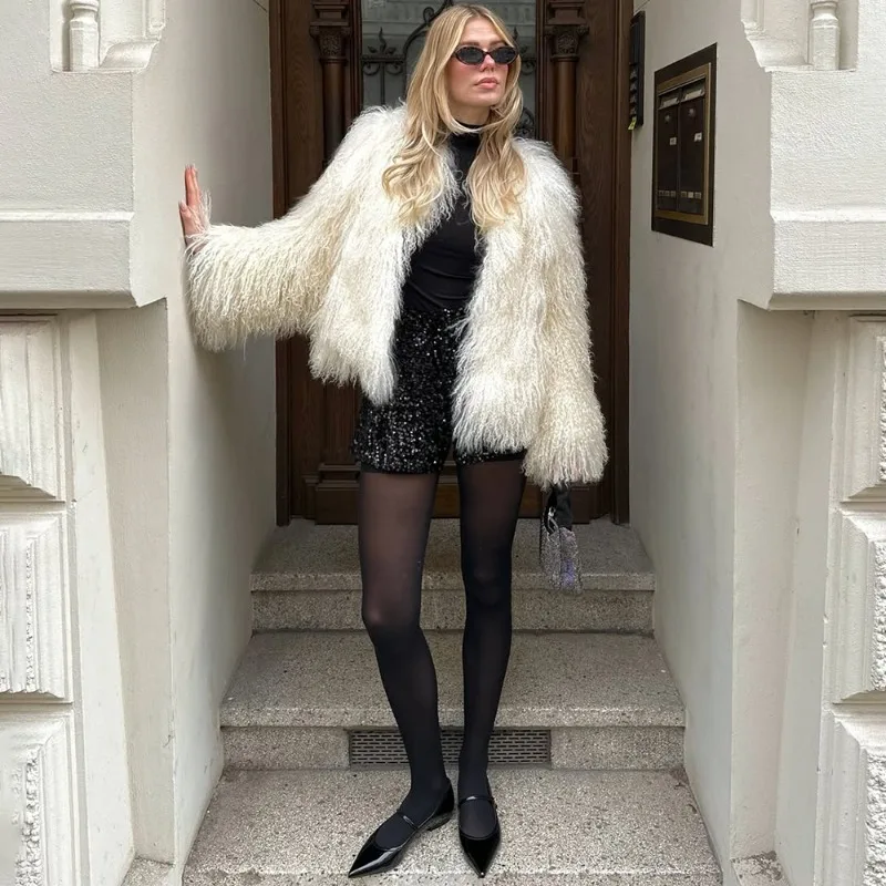Talenza Female Fluffy Faux Fox Fur Jacket Overcoat Winter Loose Luxury Long Sleeve High Waist Patchwork Coat Women Outwear 2025