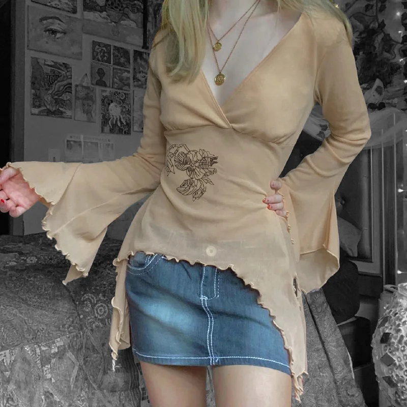 

Mesh Sheer V Neck Irregular Long Sleeve Top Y2k Retro Fairy Grunge Clothes Flared Sleeve Graphic T Shirt