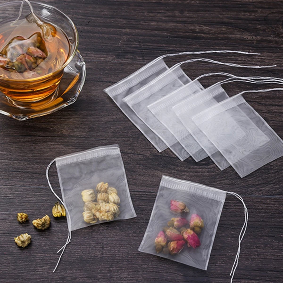 500PCS Reusable Transparent Nylon Tea Bags Empty Tea Bags Loose Tea Bags with String Heal Seal Tea Filter Bag for Spice Herb