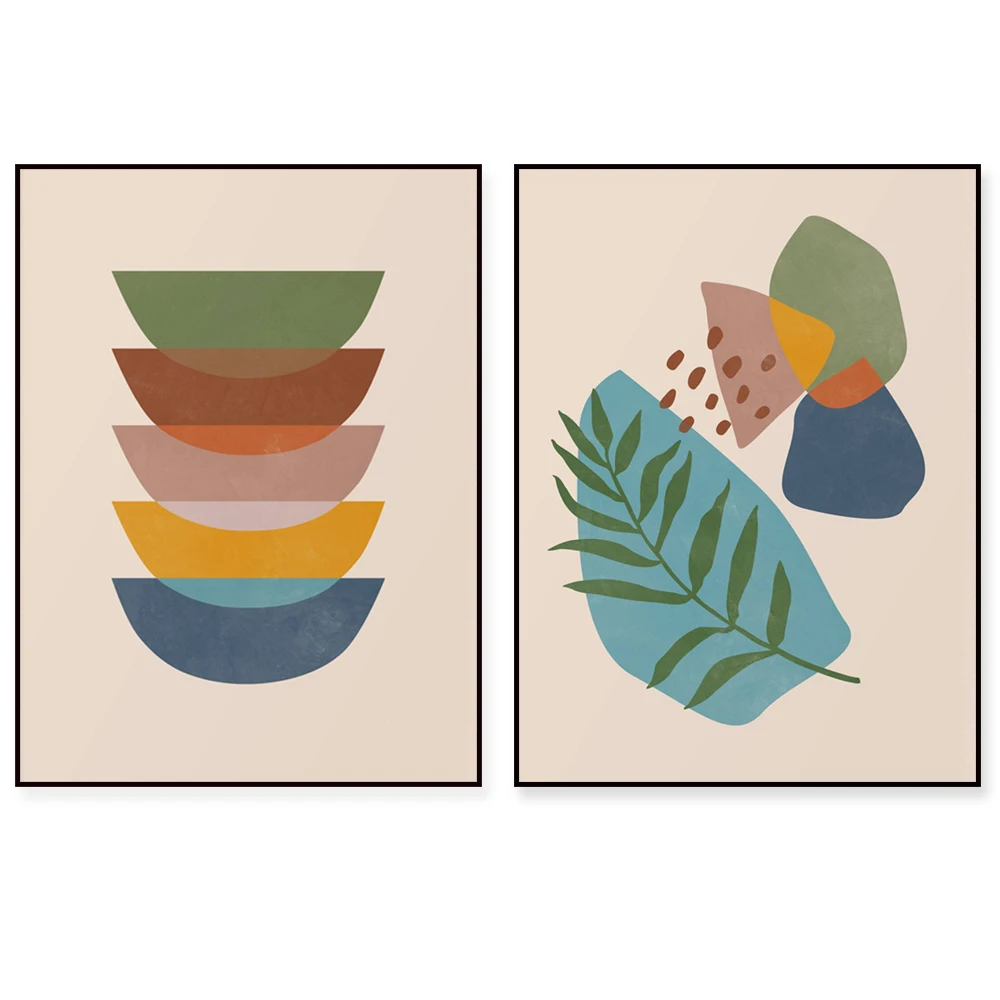 Abstract bohemian terracotta mustard navy blue print, mid century modern art canvas print wall decor poster