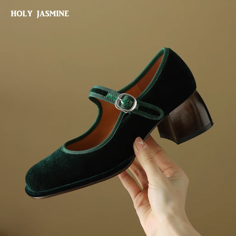 2023 Spring Fashion Single Shoes Women's New Elegant Black Sheep Velvet Mid-high Heels Ladies All-Match Buckle Mary Jane Shoes