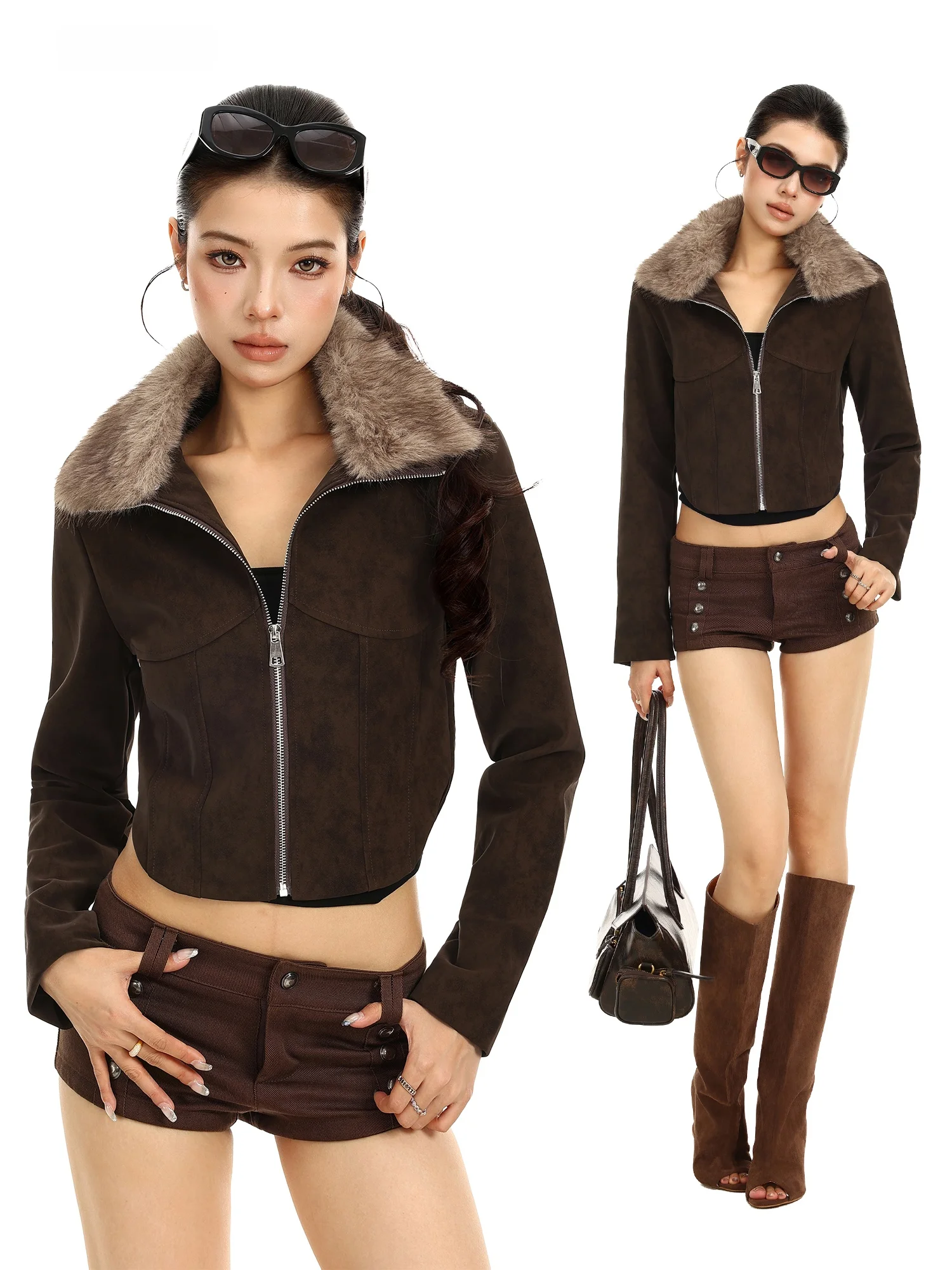 Removable Fur Collar Suede Short Jacket Women's Retro PU Leather Slim Fit Biker Jacket Top Breathable Zipper Decorated Ladies...
