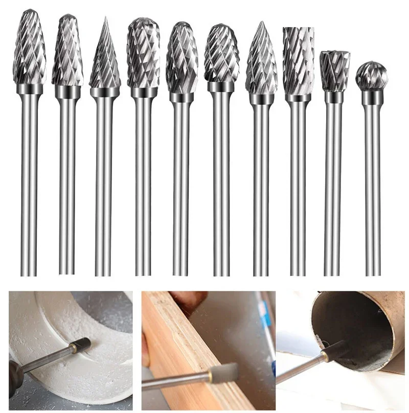 Carboneto de tungstênio Rotary Burr Bits Set, Carbide Rotary File, Fresas, Ferramentas manuais, Corte de escultura, 10pcs