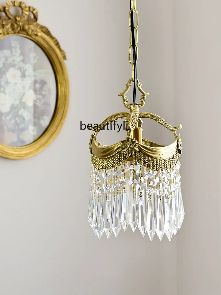 zq French Style Mid-Ancient Copper Hallway Small Droplight Italian Corridor Balcony Retro Bedroom Bedside Crystal Lamp