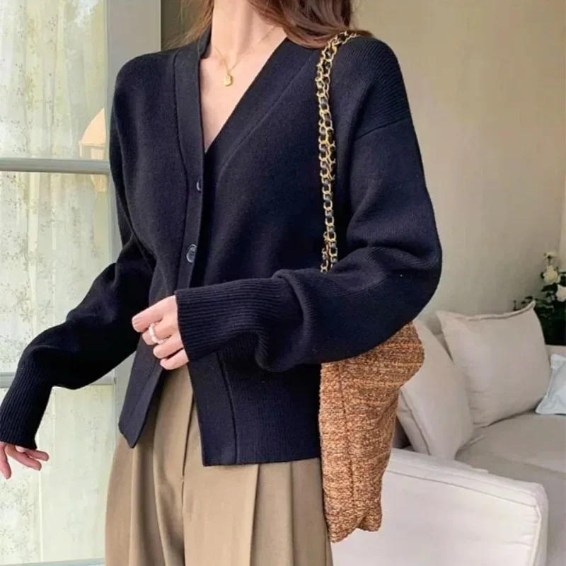 Solid Knitted Cardigan Women Spring Autumn Vintage Oversized V Neck Long Sleeve Sweater Chic Button Up Jacket Korean Y2k Tops