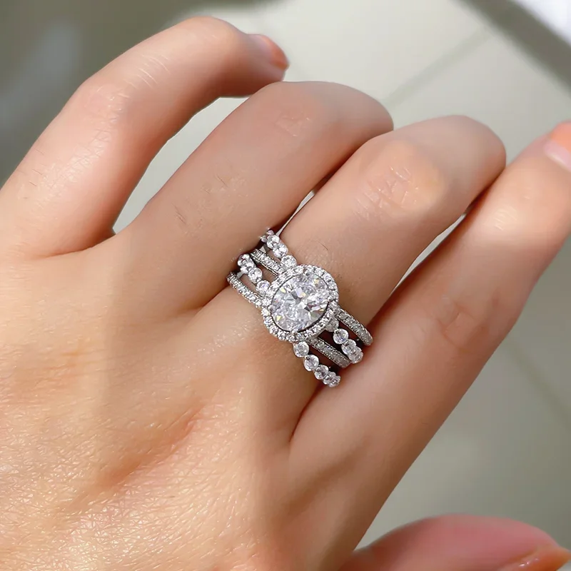 

New S925 Silver and Pure Silver Egg shaped Ring 1.5 Carat Personalized Heavy duty Diamond Jewelry