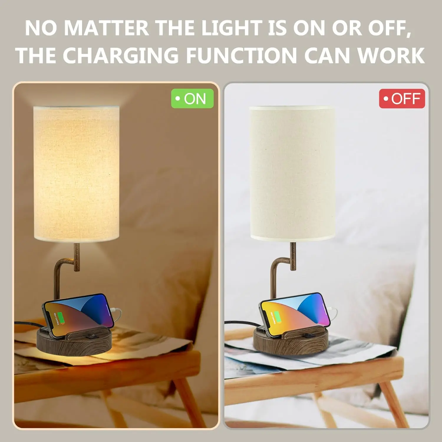 Moderne Schreibtischlampe mit 3 USB-Anschlüssen, Steckdosen und Telefonständer – perfekt für Schlafzimmer, Wohnzimmer, Büro (2er-Pack, Walnuss)