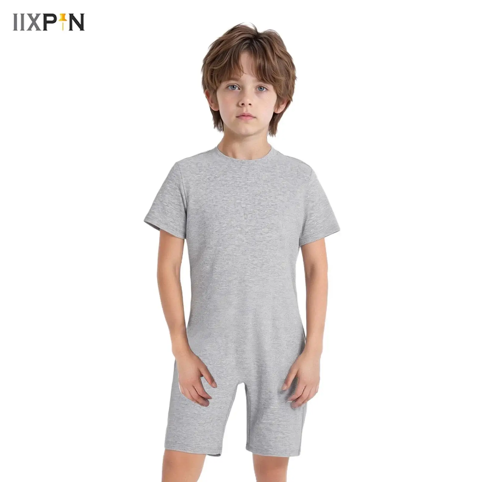 

3Pcs Girls Boys Special Needs Adaptive Clothing Kids Cotton Round Neck Short Sleeve Back Invisible Zipper Solid Color Jumpsuit