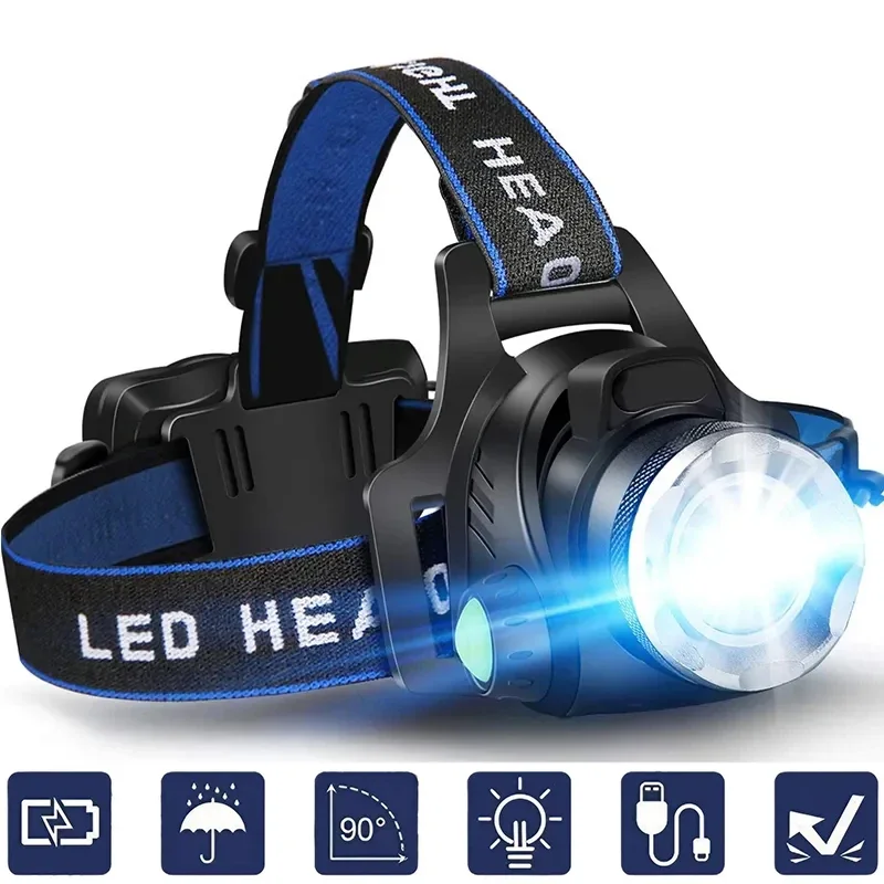 High Power LED Headlamp Fishing Headlight 3 Modes Zoomable Waterproof Super Bright Camping Light Powered By 2x18650 Batteries