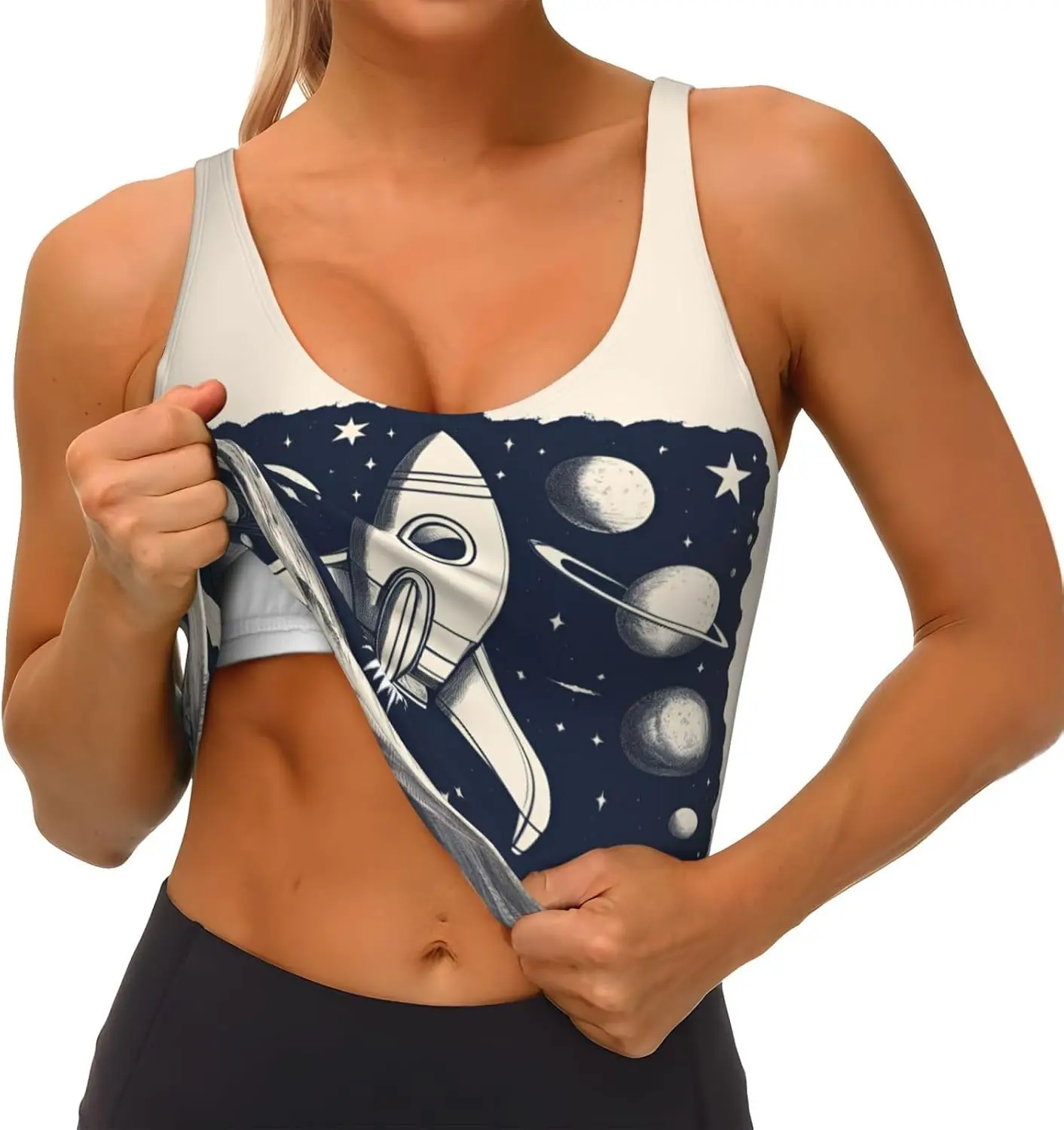 قميص بدون أكمام رياضي مطبوع عليه صاروخي للسيدات، سترة يوجا خفيفة الوزن مع حشوة قابلة للإزالة