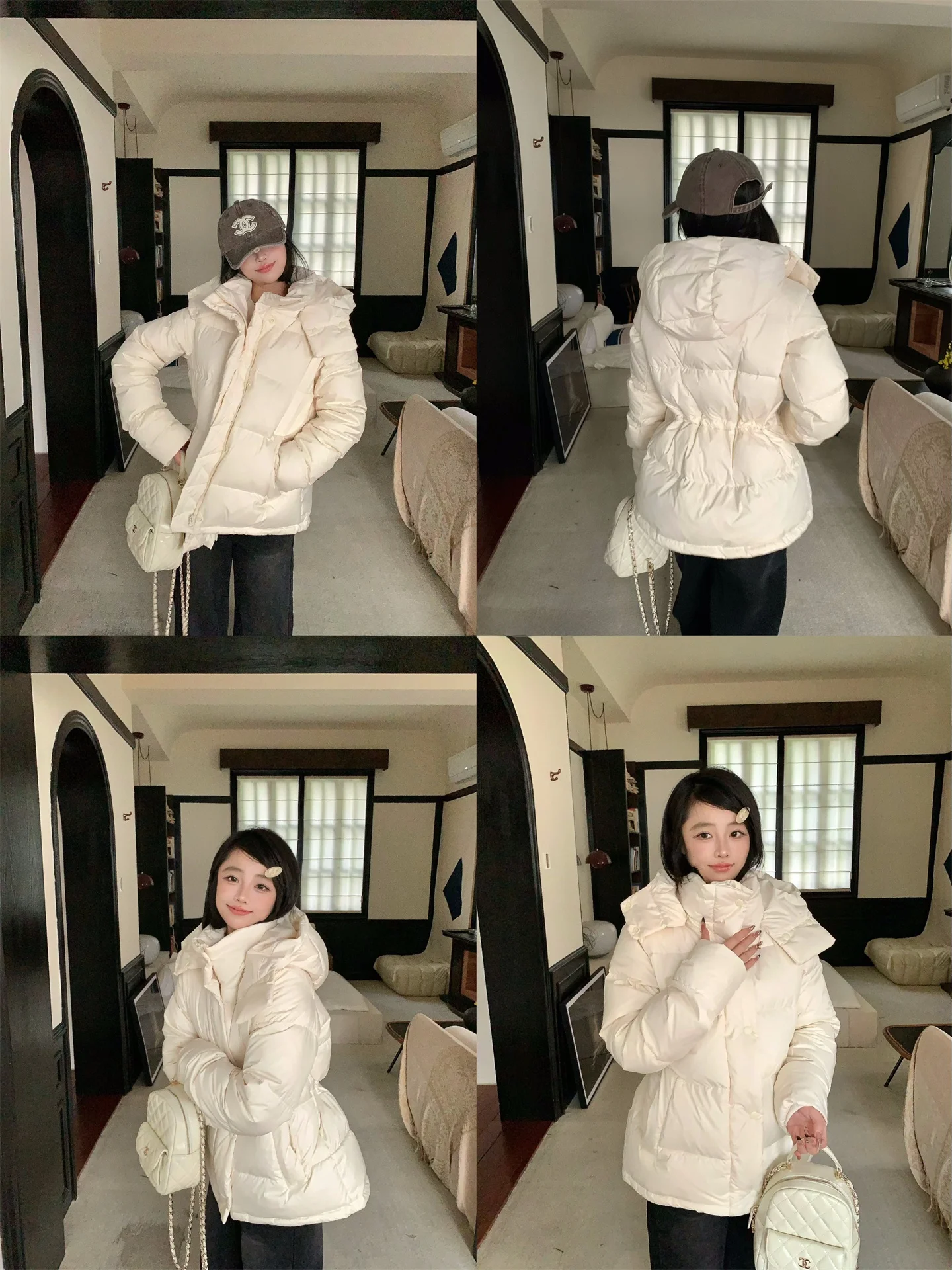 Cappotto Imbottito in Piuma Bianca con Cappuccio per Donna, Giacca Casual Calda con Chiusura a Zip e Maniche Lunghe