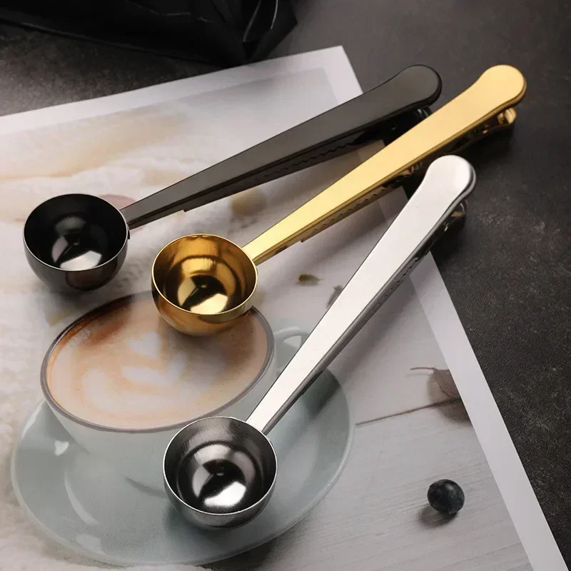 Two-in-one Stainless Steel Coffee Spoon Sealing Clip Kitchen Gold Accessories Cafe Expresso Cucharilla Decoration Coffee Scoop