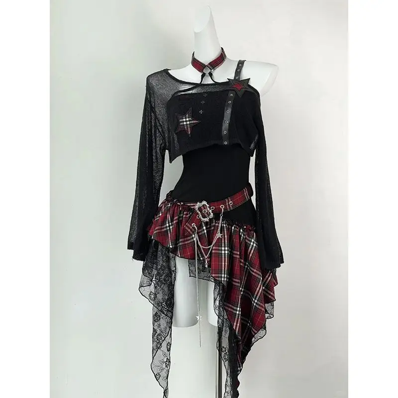 Subculture Gothic Women 2 Piece Set Punk Chic Long-sleeved Blouse + Red Checkered Five-pointed Star Dress Y2k Dark Korean Suits