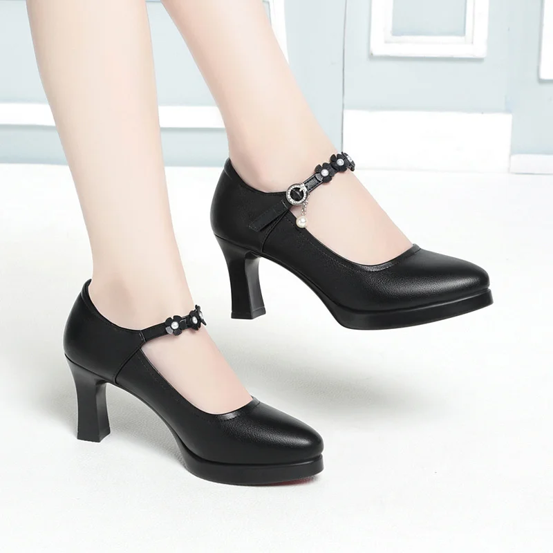 Ankle Strap High Heels Spring Women Pumps Autumn Thick Heel Shoes Platform Mary Jane Soft Leather Party Wedding Shoes