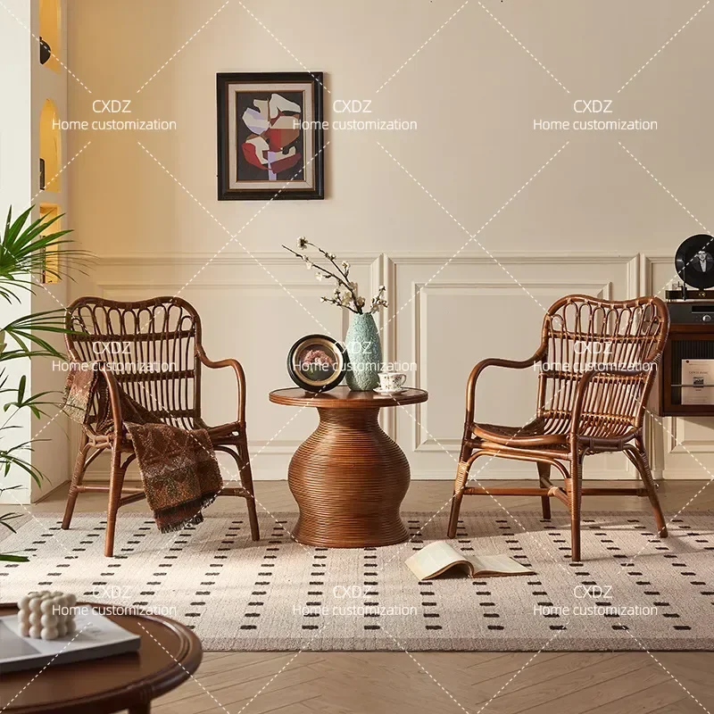 Wabi Sabi Rattan Chair Set Retro Tea Table 3 Piece Natural Braided Sofa Chair Homestay Backrest Furniture