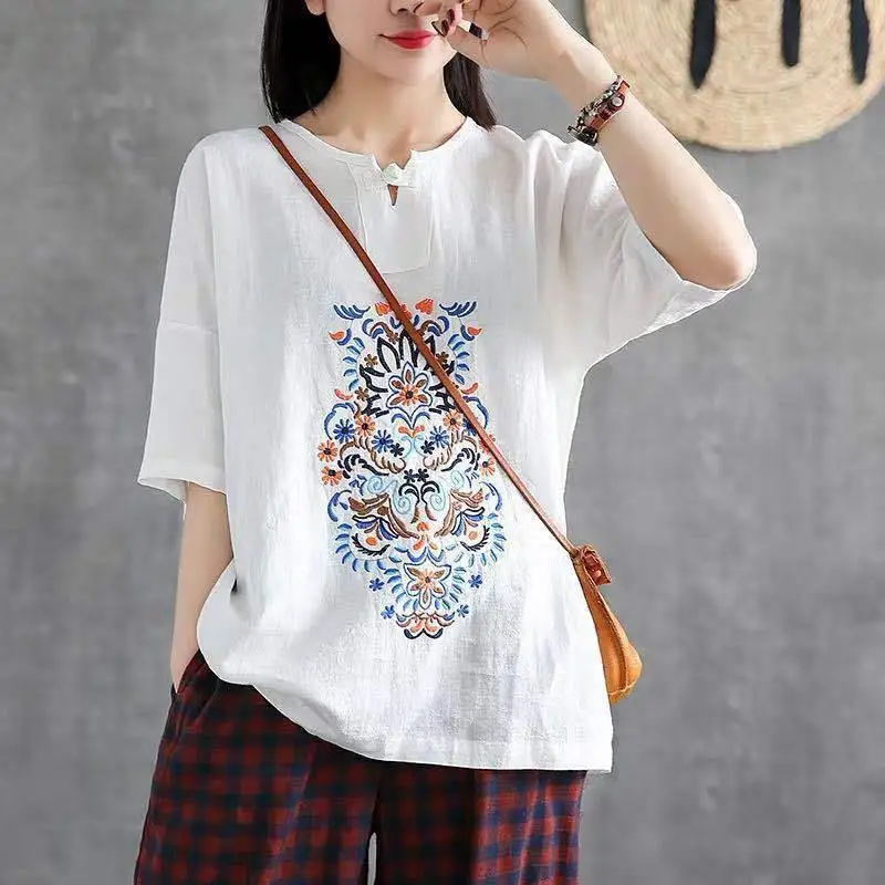 

Women Summer Vintage Loose Fashion Embroidered Cotton and Linen V-neck Short Sleeve T-Shirt Ladies Casual All-match Trend Tops