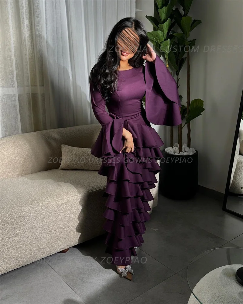 Dark Purple Tiered Satin Formal Event Dubai Occasion Dresses 2024 O Neck Long Sleeves Evening Party Gowns فساتين الحفلات