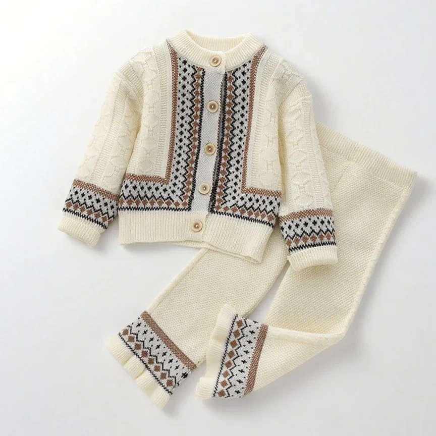 Girls Suit 2026 Spring And Autumn New Childrens Clothing Girls Baby Vintage Jacquard Knitted Cardigan Two Sets Simple
