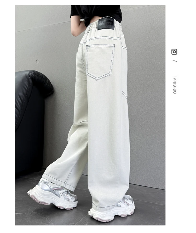 Sommerliche, dünne, einfarbige weiße Jeans im Scimitar-Stil für Teenager-Mädchen, High-Fashion-Streetwear-Hosen, lockere Jeanshose für Kinder – Detail 4