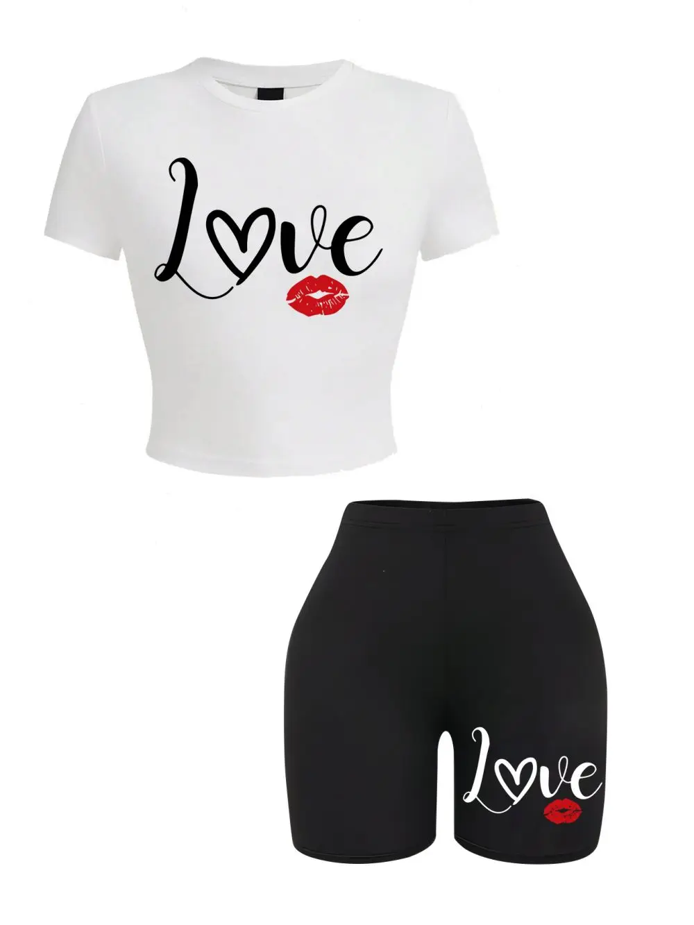 Casual Womans Crop Tops & Shorts Two Pieces Set Love Lip Pattern Letter Printing T-Shirts Soft Slim O-Neck High Elastic Clothes