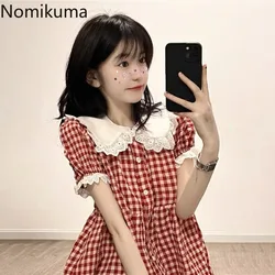 Korean Camisas De Mujer Lace Peter Pan Collar Loose Blouse for Women Short Sleeve Fashion Plaid Summer Sweet Blouses Tops 49B865