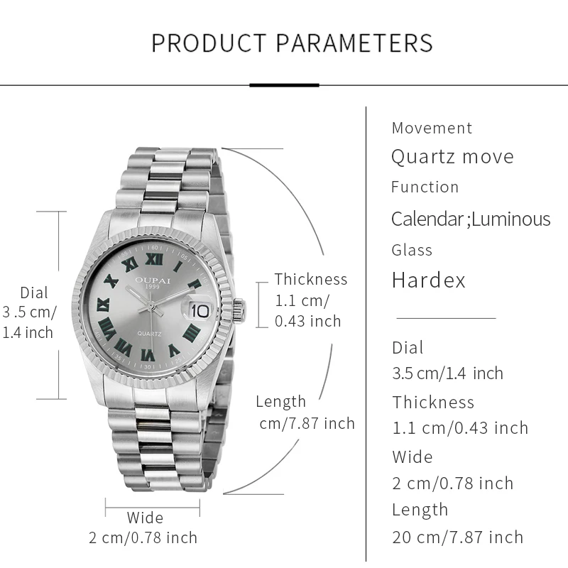 Мужские часы Oupai, круглый циферблат, ремешок из нержавеющей стали, кварцевые светящиеся наручные часы с календарем, водонепроницаемые