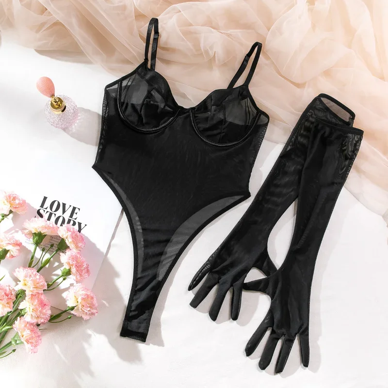 Women Sexy Bodysuit With Gloves Ultrathin Mesh See-Through Underwear Underwire Corset Top Bodysuits Lifting Buttocks Lingerie