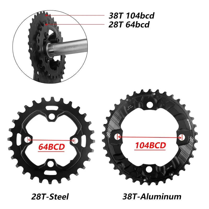 Prowheel MTB Chainring 104 64 BCD Mountain Bike Sprockets Double Speed Bicycle Chainwheel 26T 28T 36T 38T Bicycle Crowns 10 11S