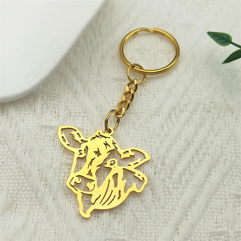 Animal Cow Key Chain for Women Men Stainless Steel Gold Color Hollow Cute Calf Bull Bag Decor Key Ring Holder Jewelry K9739S01