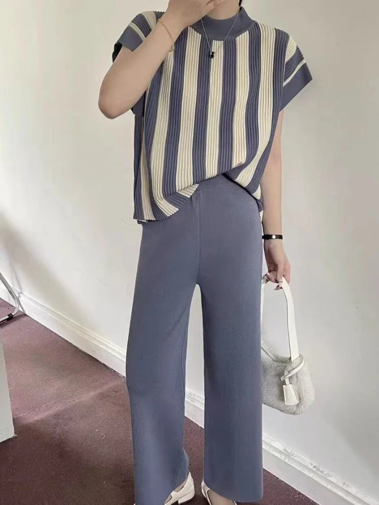 Women Sweater Pant Set Casual Pullovers Suits Spring Summer Knitted Loose Long Sleeve Striped Casual Tops Elastic Sweater Pants