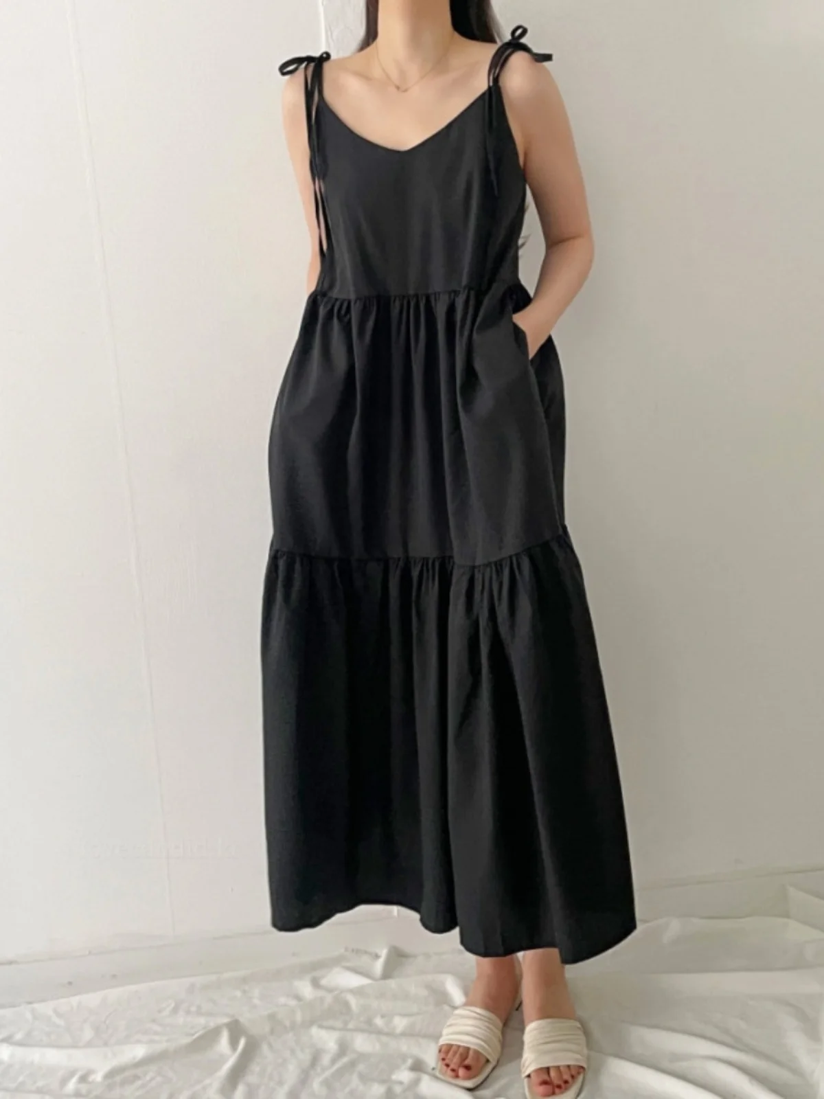 Robe longue à bretelles pour femmes, rétro, Chic, avec nœud papillon, polyvalente, taille ample, coréenne, ligne a, été