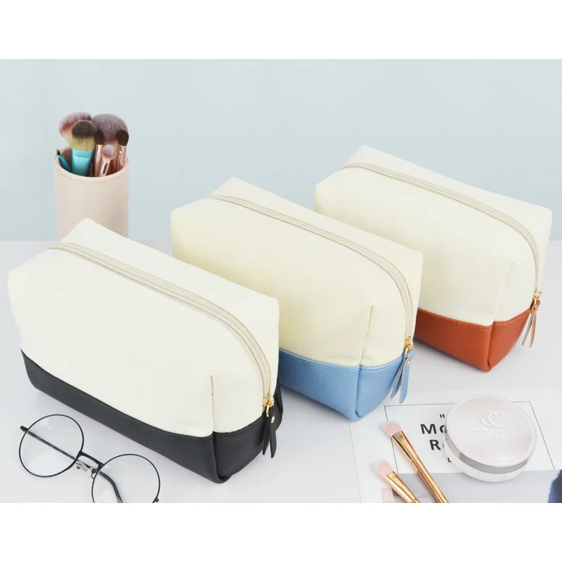 

Waterproof Canvas Cosmetic Bag - Contrast Color Travel Organizer for Toiletries & Makeup