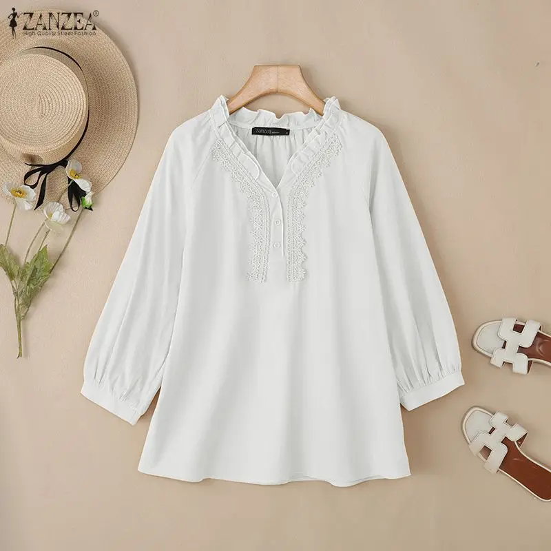 

2026 ZANZEA Summer Lace Trim Blouse Elegant Shirt Women Casual V Neck 3/4 Sleeve Tops Patchwork Work Blusas Femme Cotton Chemsie