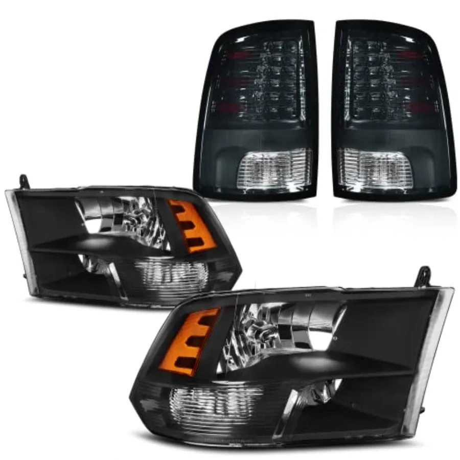 Headlights Assembly + Tailights Combo Set Compatible with 2009-2018 Dodge Ram 1500 10-18 Dodge Ram 2500 3500 Black LED Upgrade