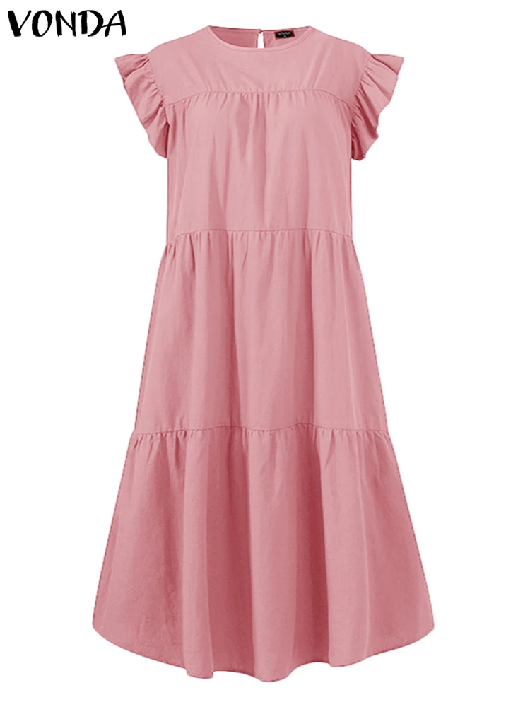 Robe mi-longue en coton à volants pour femmes, style bohème, chemise longue décontractée, couleur unie, été 2024