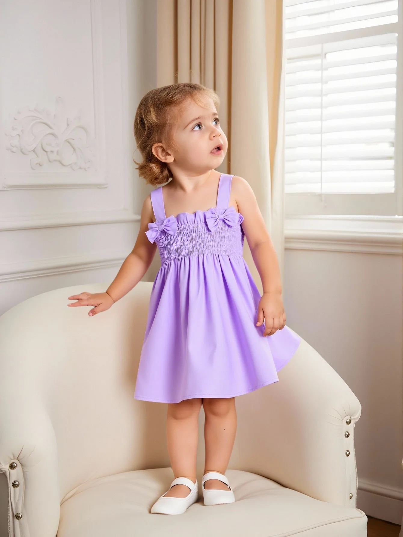 

Summer baby girl bow-tie strap braided casual dress, baby girl solid color cute and refreshing dress.