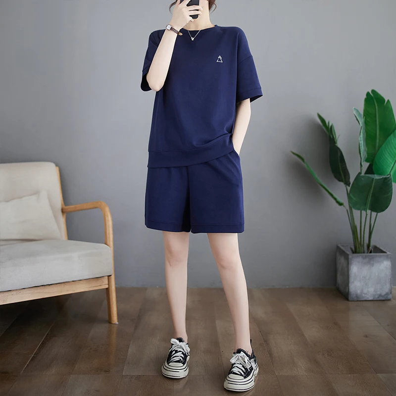 

Повседневный свободный женский комплект с эффектом похудения, новинка лета, хлопковая футболка orts, костюм из двух предметов для больших размеров