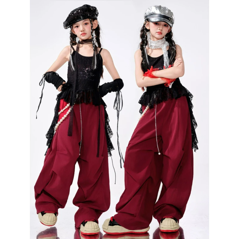 

Детский комплект одежды для девочек: модный укороченный топ в стиле K-pop, кожаные брюки карго, костюмы для танцев, хип-хопа, джаза, уличная одежда для девочек-групп