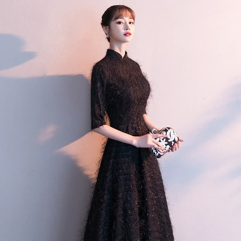 Es YiiYa, vestido de noche modesto personalizado, borla negra, cuello alto, media manga, cremallera, vestido de fiesta Formal de talla grande para mujer E035