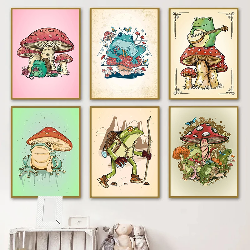 Cute Hiking Cottagecore Frog Music Posters Nursery White Kraft Paper Posters Kids Pink Wall Art Posters Prints Pictures Decor