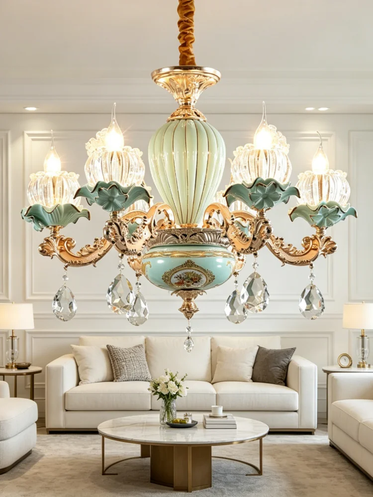 Clean Crystal Green Ceramic Chandelier New Design European Upscale Dining Room Bedroom Modern Home French Candle Pendant Light