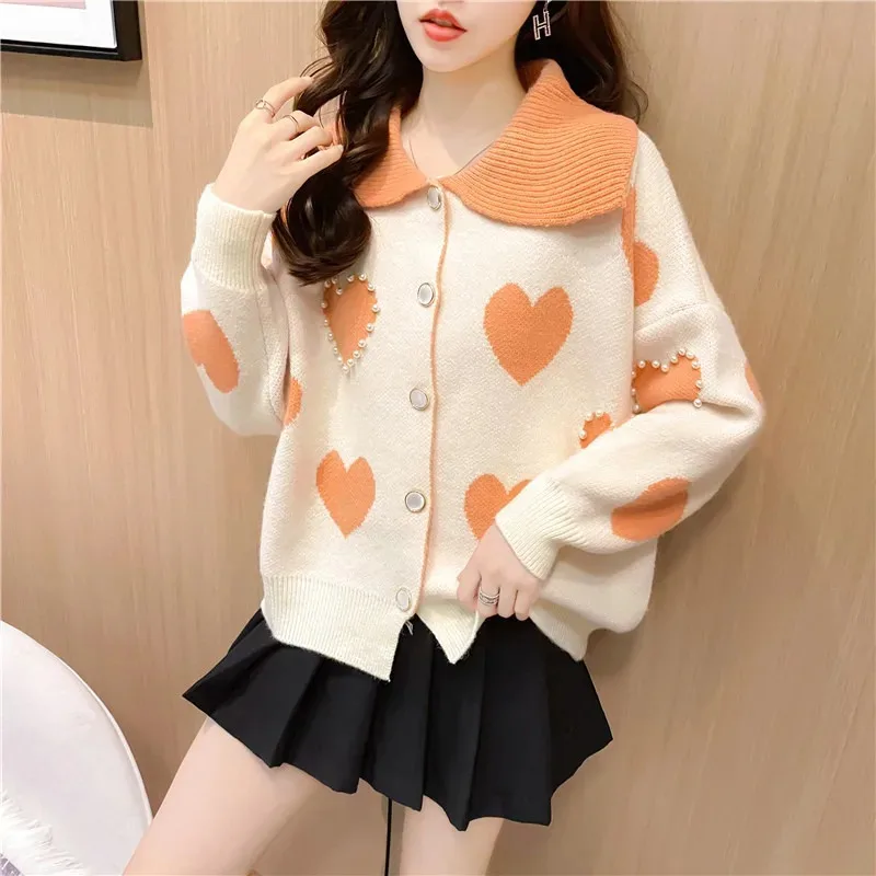 

2021 Knitted Coats Harajuku Sweet Pink Heart Sweater Pin Beads Korean Fashion Sweaters New Autumn Winter Knitted Cardigan Women