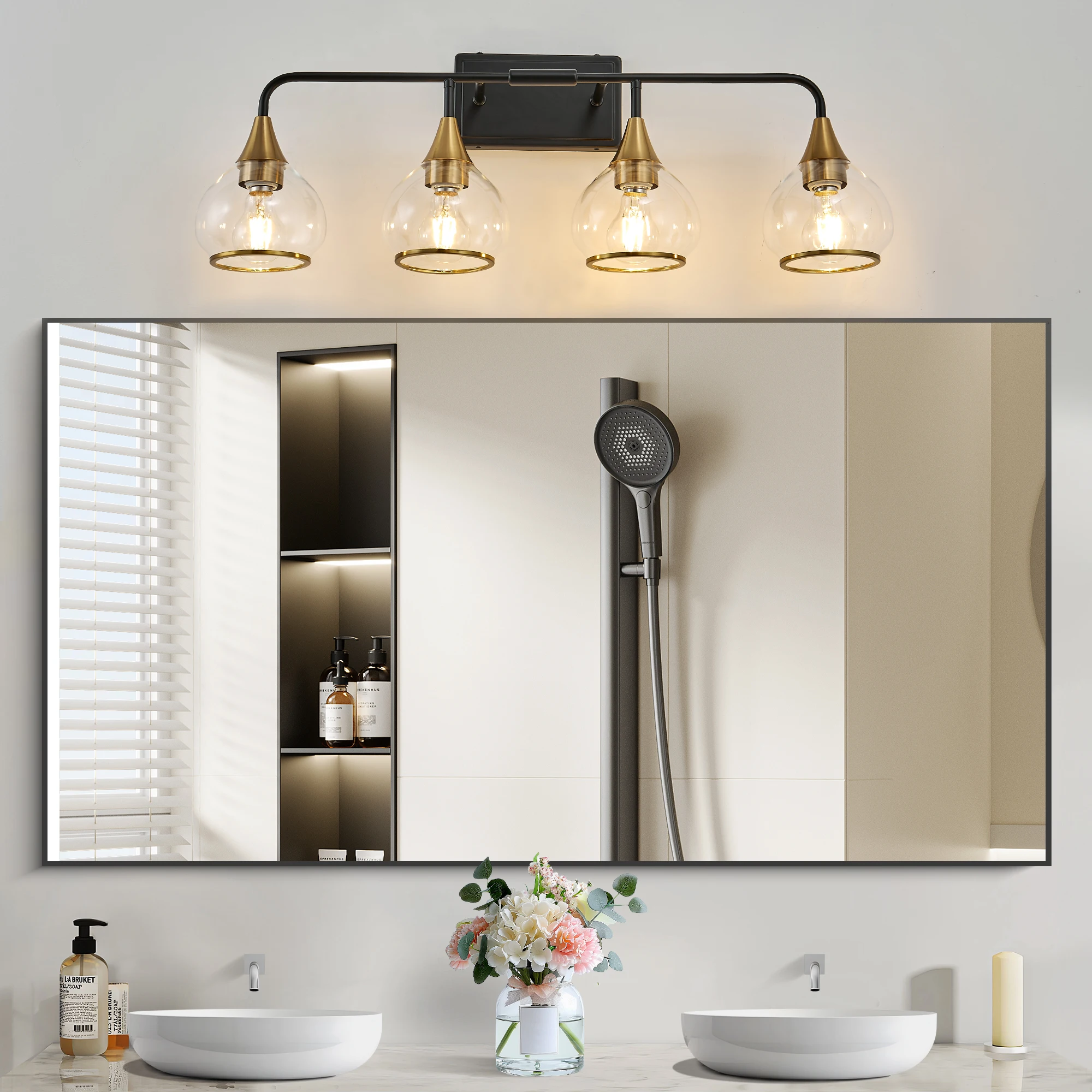 

31" Modern 4-Light Vanity Wall Sconce Black and Gold Bathroom Light Fixture with Clear Glass Shades,Wall Mounted Lamp(No Bulb)