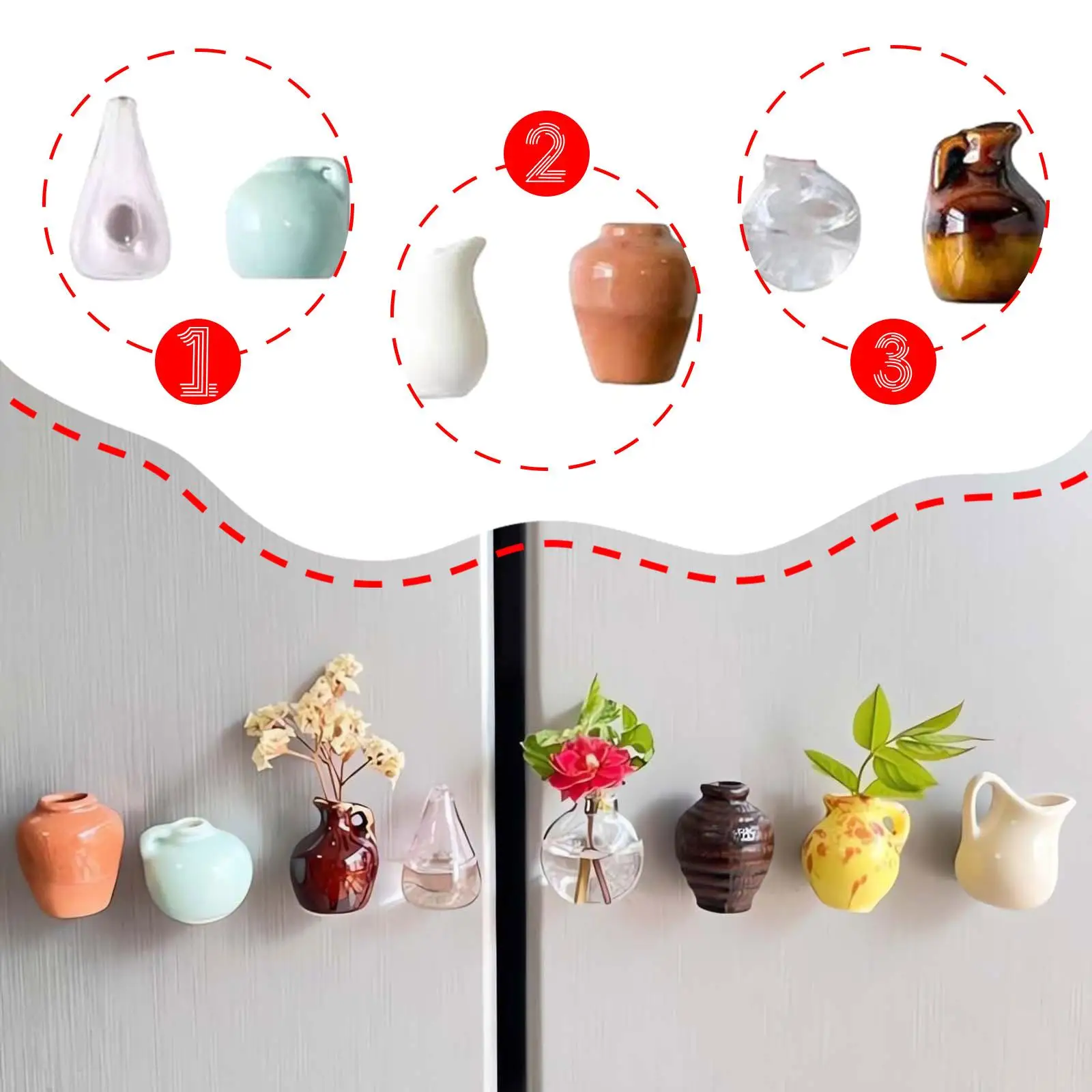 

8 Pieces Mini Vase Fridge Stickers Refrigerator Stickers Resin Funny Small 3D Flower Arrangement for Door Locker Kitchen Decor