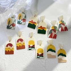 AENSOA Trendy Colorful Flora Sunset Pattern Acrylic Drop Earrings for Women Cactus Leaf Plant Geometric Dangle Earrings Jewelry