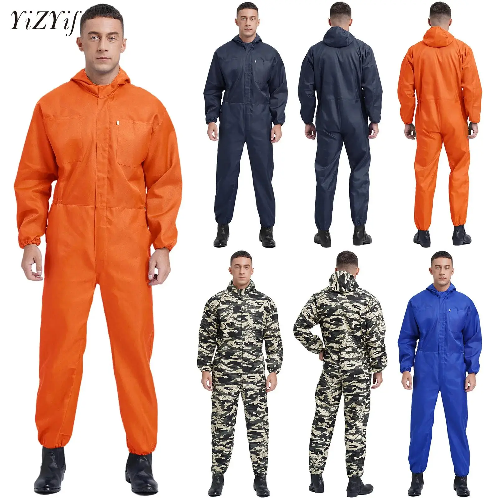 

Mens Dustproof Hooded Coverall Long Sleeve Half Zipper Big Pockets Overalls Jumpsuit Dungarees Workshop Work Safety Clothing
