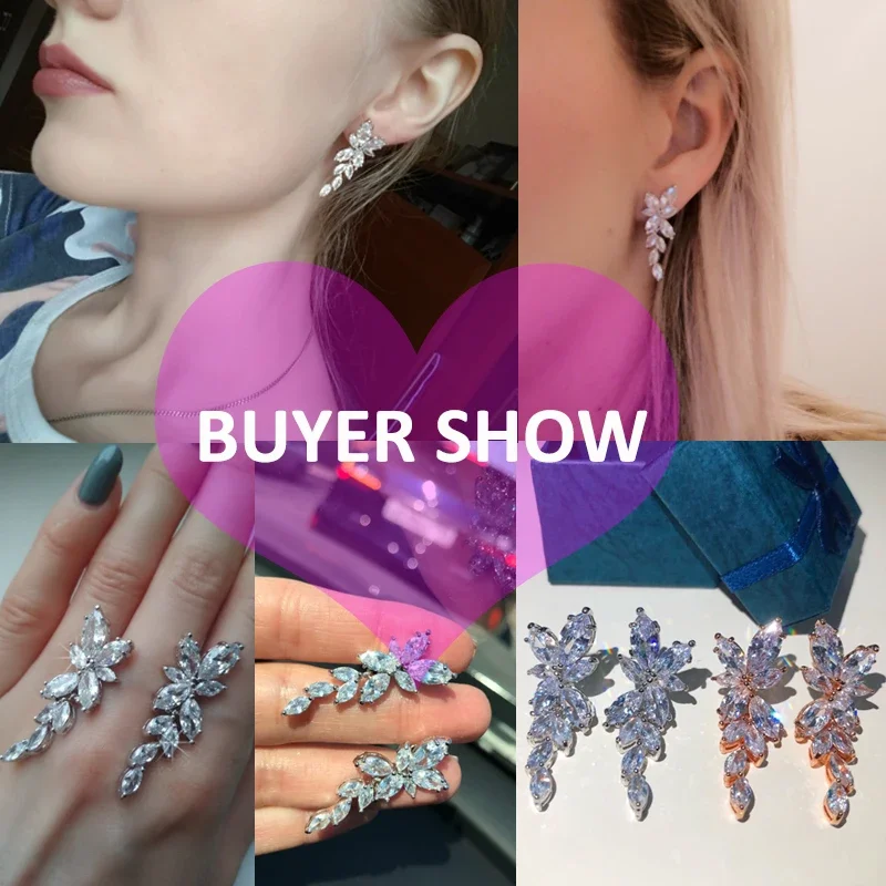 LXOEN Luxury Flower Leaf Zirconia Women Statement Long Drop Earring Wedding Party Bridal Dubai Jewelry Gift Pendientes Mujer
