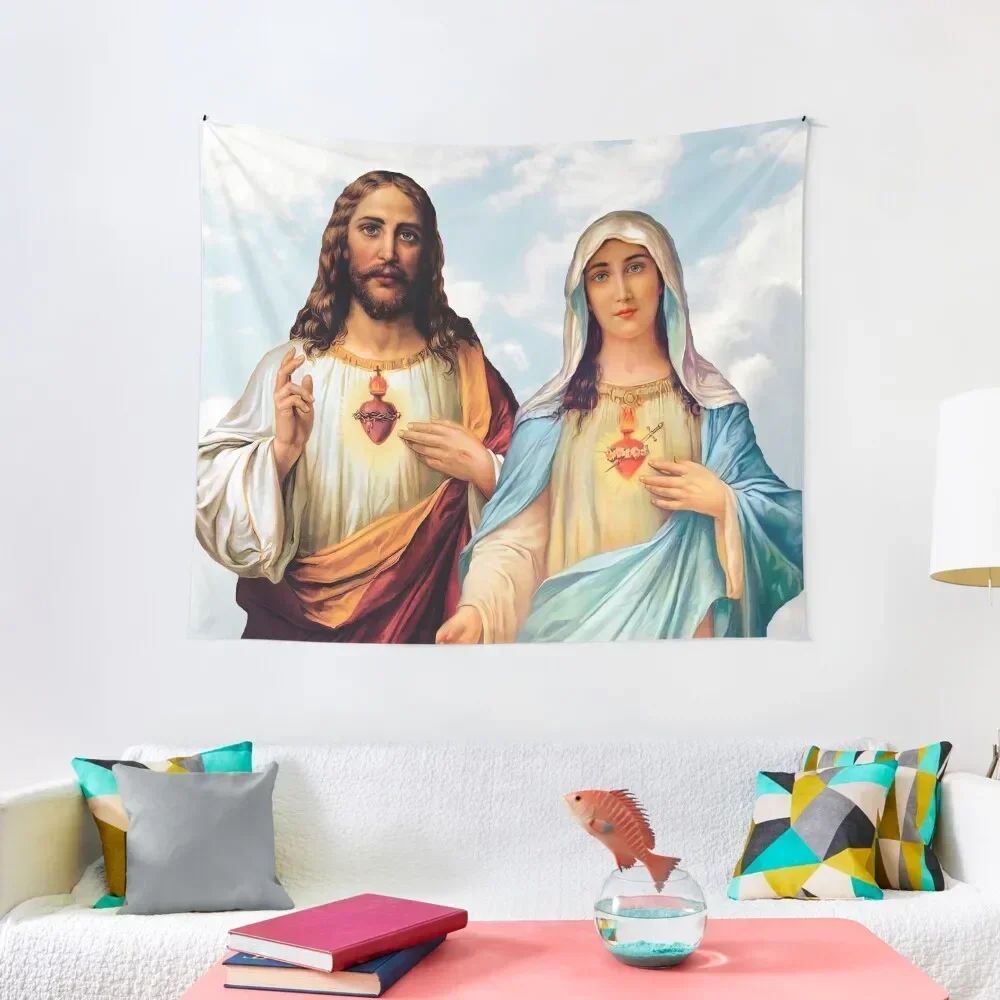 

Sacred and Immaculate Hearts - III (Jesus and Mary) sky background Tapestry Decor For Bedroom Wall Decorations Tapestry